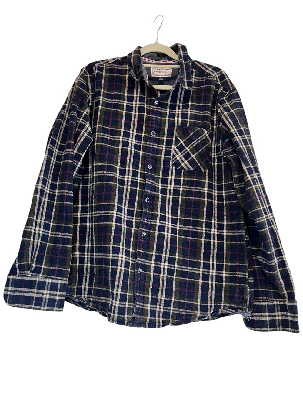 Flag & Anthem Madeflex Navy Green Plaid Flannel Shirt Men's Large 100% Cotton